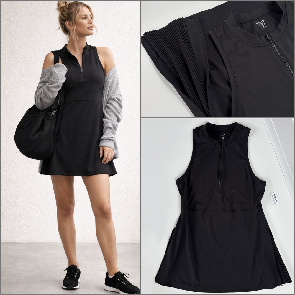NWT MockNeck HalfZip Pleated Black Athletic Dress LP Mini Tennis Pickleball Golf - Picture 2 of 10